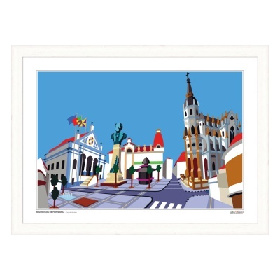 Ilustração digital colorida de praça histórica com estátua e edifícios em Vila Real de Santarém