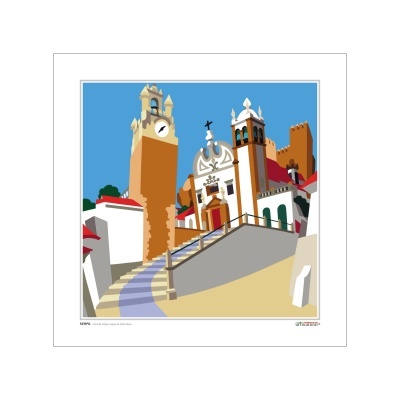 Ilustração digital de praça com igreja, torre de relógio e escadaria
