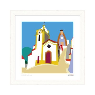 Gravura colorida de igreja e edifícios com moldura branca