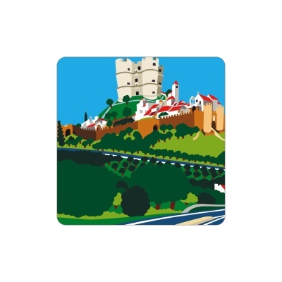 Ilustração da Vila Medieval de Óbidos com muralhas, casas e vegetação