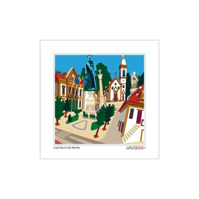 Ilustração colorida da praça principal de Castelo de Paiva com estátuas, árvores e edifícios históricos