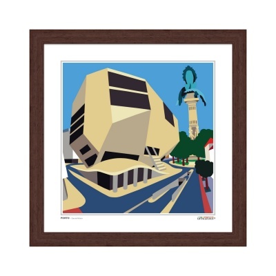 Quadro digital estilizado da Casa da Música com moldura castanha