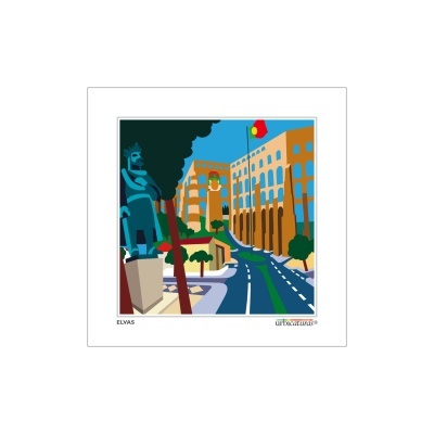 Ilustração digital estilizada de estátua e edifícios com bandeira de Portugal em ambiente urbano