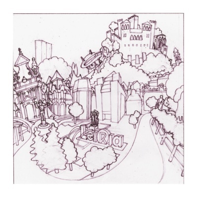 Desenho a preto e branco de paisagem urbana com edifícios, árvores e palavra 'Leiria'