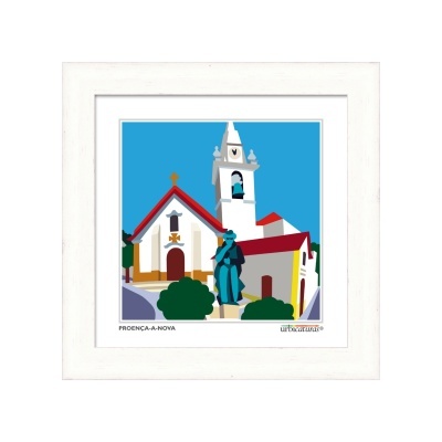 Ilustração da igreja e relógio de Proença-a-Nova em moldura branca