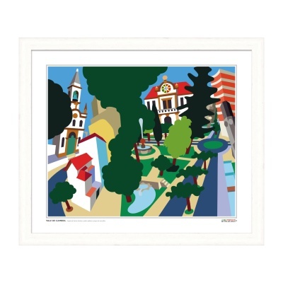 Postal colorido com vista artística de Vale de Cambra com capela, jardim e edifícios