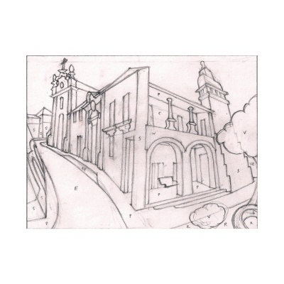 Desenho a lápis de edifício histórico com arcos e torre com relógio numa rua em inclinação.