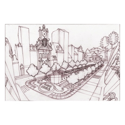 Desenho a preto e branco de cidade com edifícios altos, árvores e relógio central