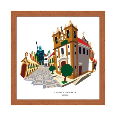 Ilustração digital da Igreja de Samora Correia com moldura de madeira