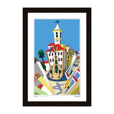 Poster ilustrativo de edifício com torre de relógio em moldura preta