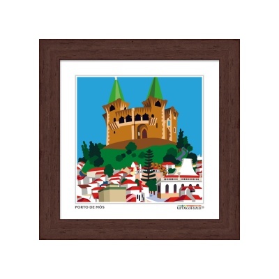 Moldura quadrada em madeira com ilustração digital de castelo e casas coloridas