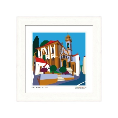 Quadro decorativo com ilustração de edifício religioso em São Pedro do Sul
