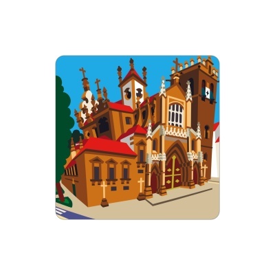 Ilustração de edifício histórico gótico com fachadas castanhas e vermelhas