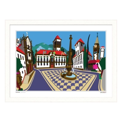 Quadro em moldura branca com ilustração colorida de praça histórica com mosaico de calçada portuguesa.