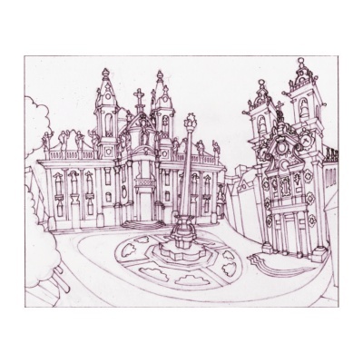 Desenho a preto e branco de edifícios históricos e praça circular com fonte