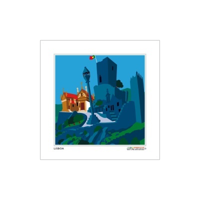 Ilustração digital de paisagem urbana de Lisboa com edifícios tradicionais e torre com bandeira portuguesa