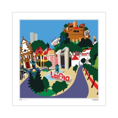 Ilustração colorida dos monumentos de Leiria com a palavra 'Leiria' em destaque