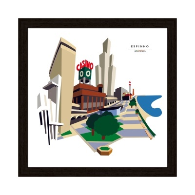 Ilustração gráfica do Casino de Espinho e arredores com texto ESPINHO