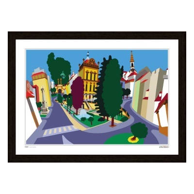 Imagem gráfica colorida de rua urbana com prédios, árvores e céu azul