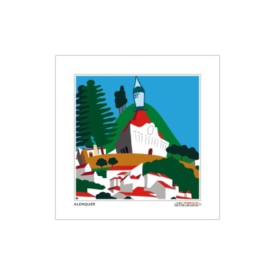 Ilustração colorida de paisagem com igreja e árvores em Alenquer