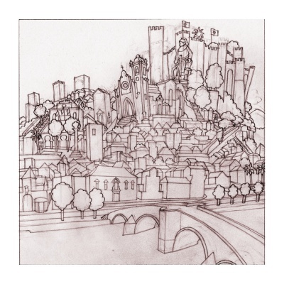 Desenho a lápis de cidade com castelo e ponte