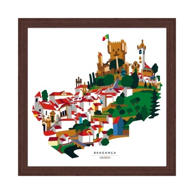 Ilustração colorida do mapa de Bragança em quadro de moldura castanha