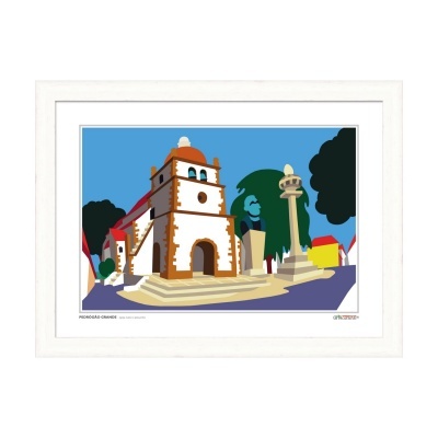 Imagem digital estilizada de edifício histórico e coluna em moldura branca