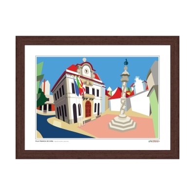 Pintura digital de edifício e cruzeiro em Vila Franca de Xira numa moldura de madeira escura