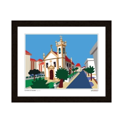 Ilustração colorida de igreja e casas em quadro com moldura preta