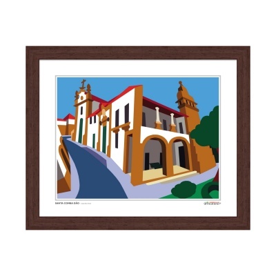 Ilustração de edifício tradicional com moldura de madeira castanha.