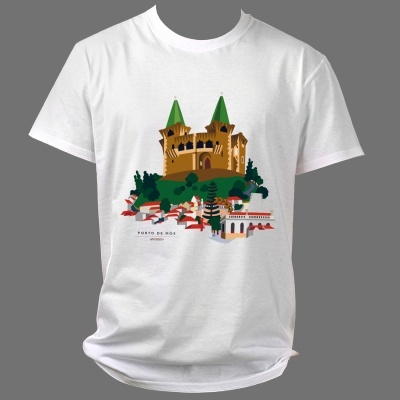 T-shirt branca com estampa de castelo e texto Porto de Mós