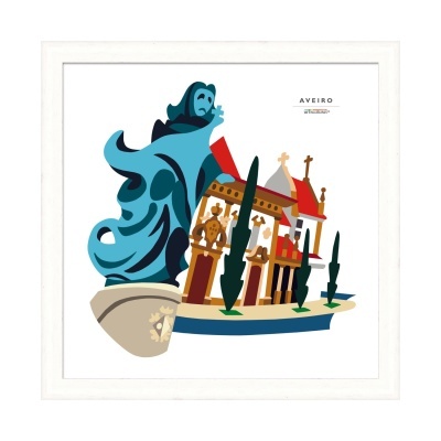 Ilustração colorida estilizada de uma estátua azul e edifícios representativos de Aveiro em quadro branco