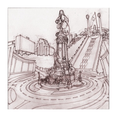 Desenho em preto e branco de uma estátua na rotunda com edifícios e escadas