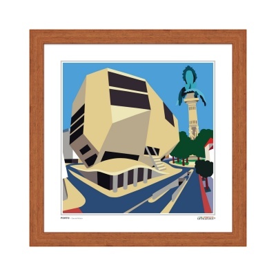 quadro com imagem gráfica de edifício moderno e monumento em moldura de madeira