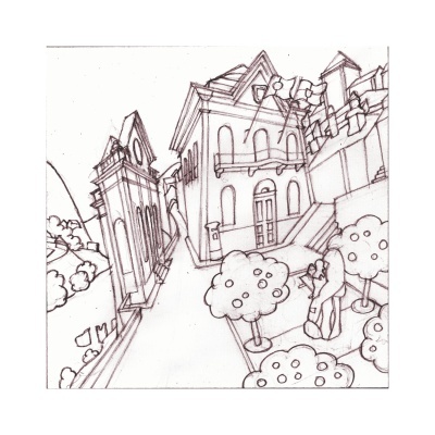 Desenho a lápis de uma rua com edifícios antigos e árvores arredondadas