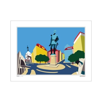 Imagem gráfica de praça com estátua azul central e edifícios amarelos