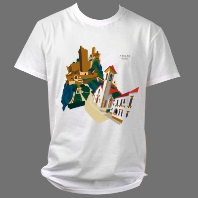 T-shirt branca com ilustração de edifícios históricos e texto MARVÃO PORTUGAL