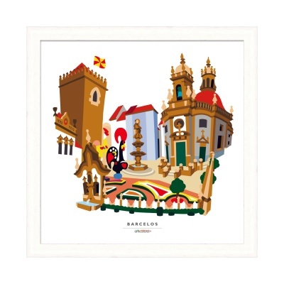 Ilustração colorida de monumentos e símbolos de Barcelos com moldura branca