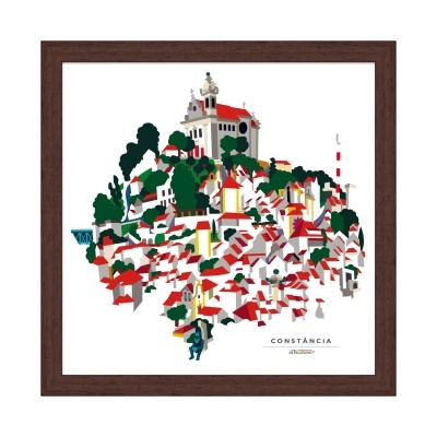 Ilustração colorida da cidade de Constância com casas e árvores em moldura castanha