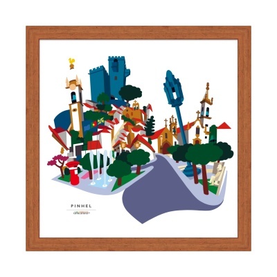 Ilustração colorida de vila com torres e árvores emoldurada em madeira