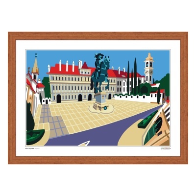 Gravura colorida de praça com monumento e edifícios emoldurada em madeira