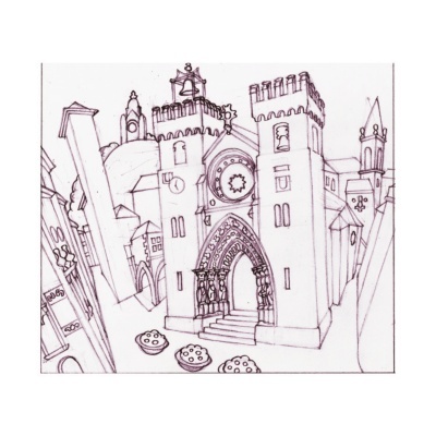 Desenho lápis edifício gótico com torres e arco e bolos em primeiro plano