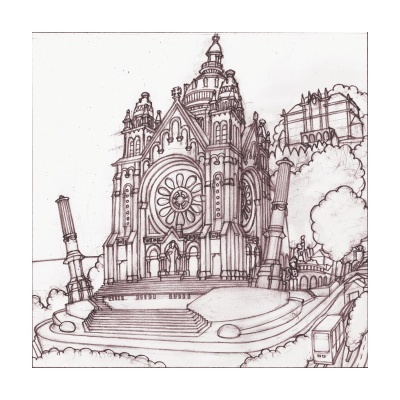 Desenho a lápis de edifício gótico com torres e colunas inclinadas, árvores e carruagem