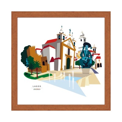 Ilustração colorida da igreja de Lagos em moldura de madeira castanha