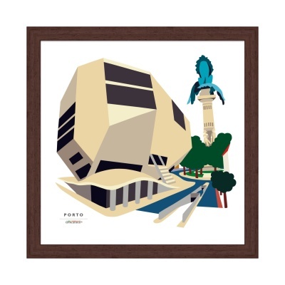 Ilustração estilizada de edifício moderno e estátua em Porto com moldura de madeira.