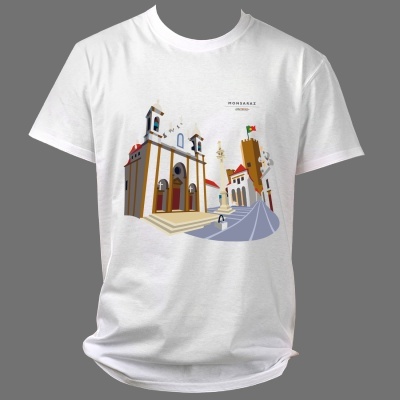 T-shirt branca com estampa de edifícios históricos e texto MONSARAZ