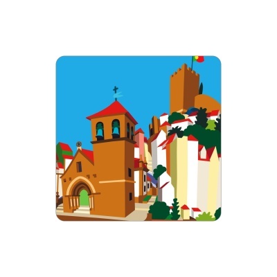 Ilustração de arquitetura histórica com torre de igreja, casas e castelo