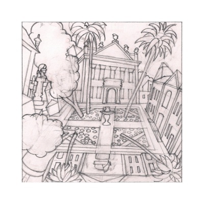 desenho a lápis de uma praça com edifícios clássicos e árvores altas