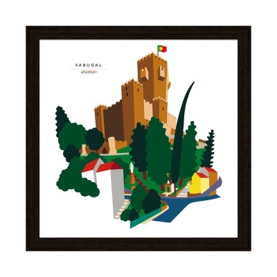 Quadro ilustrativo do castelo de Sabugal com cores vibrantes e moldura preta
