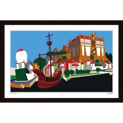 Ilustração colorida de porto com navio de madeira e edifícios ao fundo